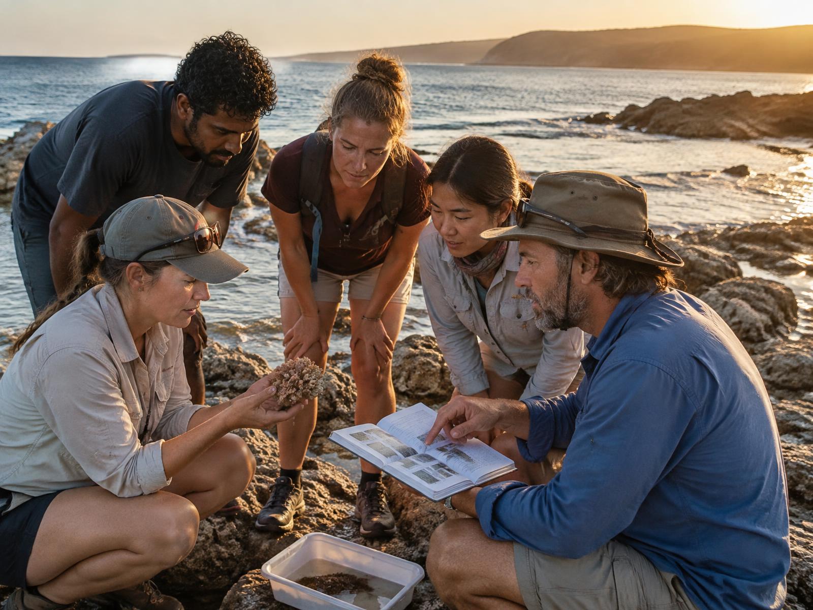 Small marine conservation group learning together on the coast