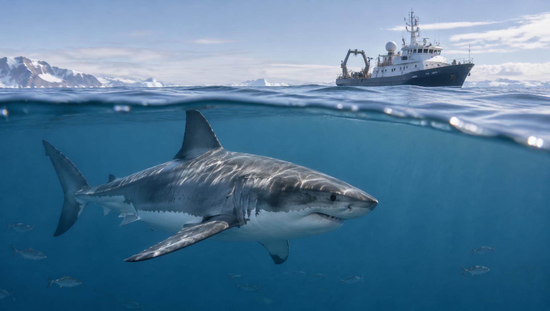 Great white shark gliding beneath a marine research vessel